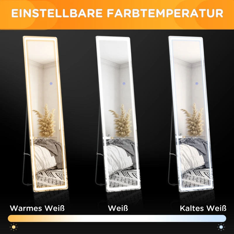 HOMCOM 2 in 1 Standspiegel mit LED-Licht, freistehend, Aluminium, einstellbares Licht, 40 cm x 37 cm x 157,5 cm