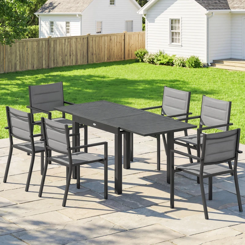 Outsunny Salon de Jardin 7 Pièces Table Extensible Aluminium 6 Chaises Empilables Textilène Rembourré 90/180 x 80 x 75 cm Gris