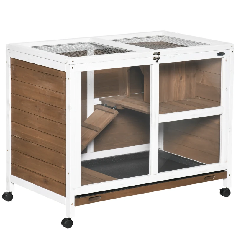 PawHut Conejera de Madera con Ruedas 91,5x53,3x73 cm Jaula para Conejos de 2 Niveles con Techo Abatible Marrón