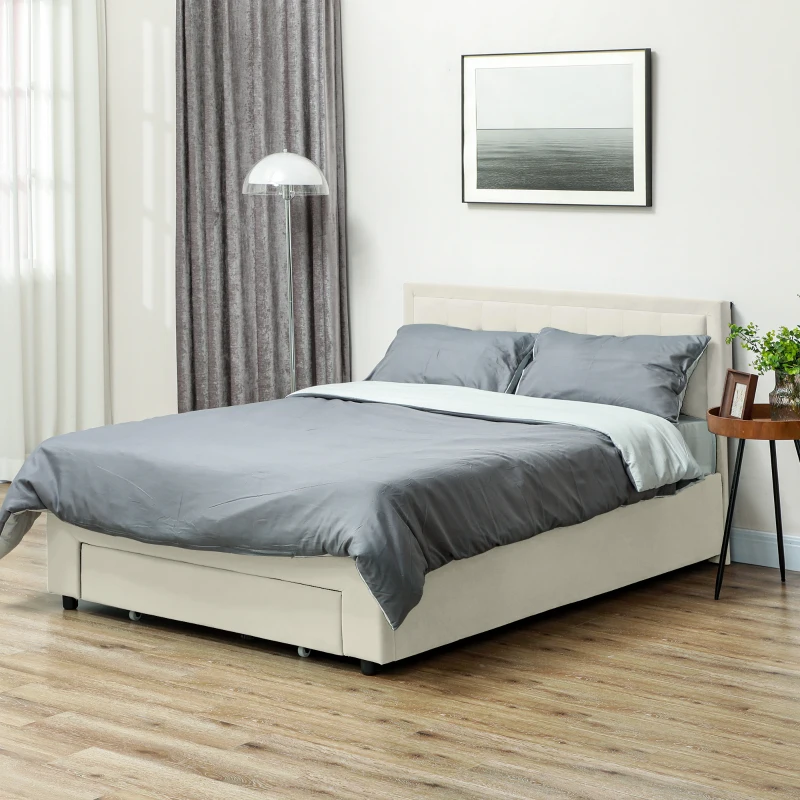 HOMCOM 4ft6 Double Ottoman Bed Frame, with Front Drawer - Cream