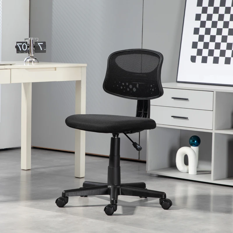 HOMCOM Silla de Oficina sin Brazos Silla de Escritorio Giratoria con Respaldo de Malla Transpirable Altura Ajustable Negro