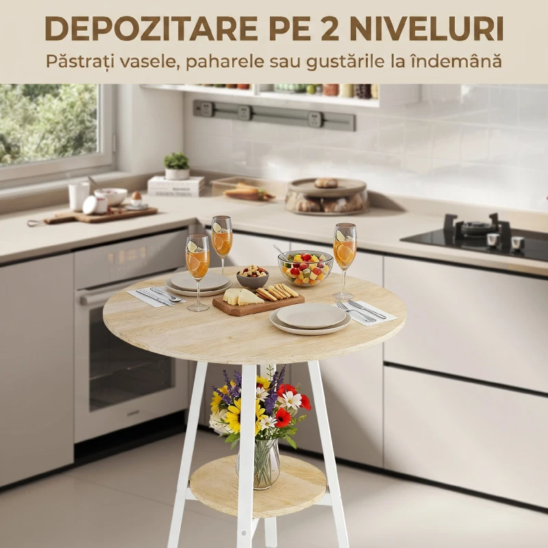 HOMCOM Masă Înaltă Rotundă cu Raft, Masă Modernă pentru Bucătărie sau Dining, PAL, Metal, Lemn Natural și Alb