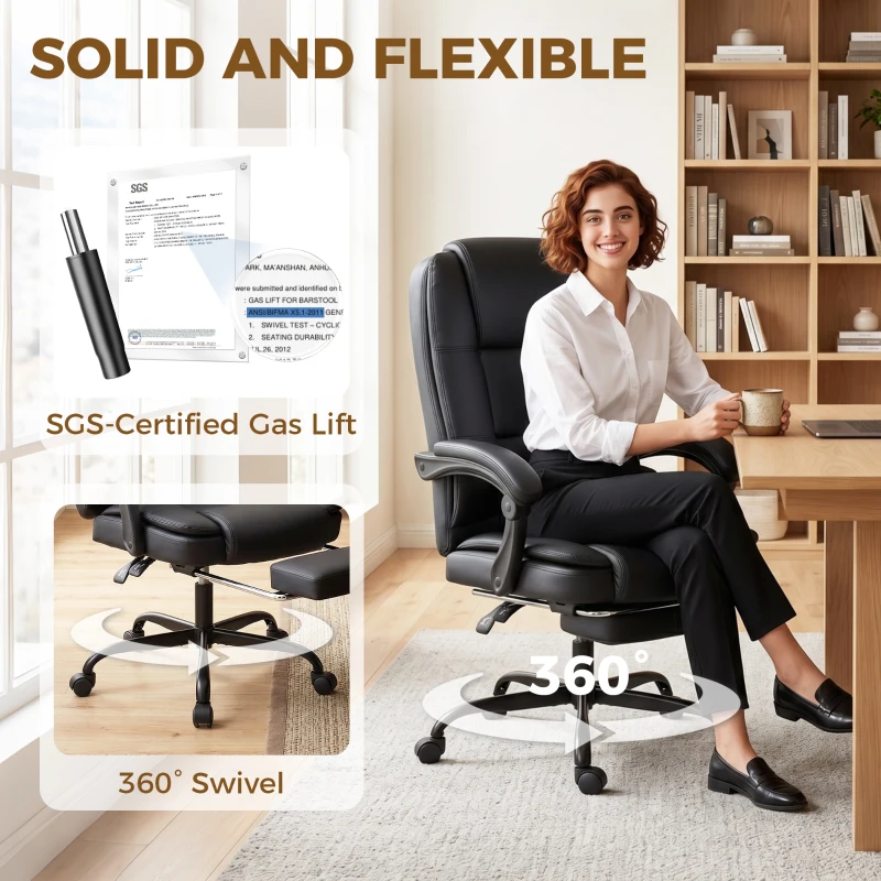 HOMCOM Chaise de bureau ergonomique, fauteuil de bureau inclinable en pu avec repose-pieds rétractable, hauteur réglable, noir