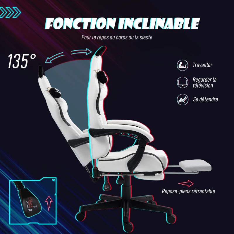 HOMCOM Chaise gaming ergonomique avec Oreilles de Chat, fauteuil gamer avec dossier inclinable, 65 x 62 x 124 cm, blanc
