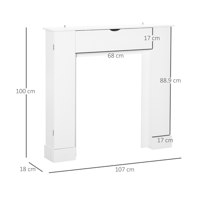 HOMCOM Cornice per Camino in Legno MDF con Armadietti Laterali, 107x18x100 cm, Bianco