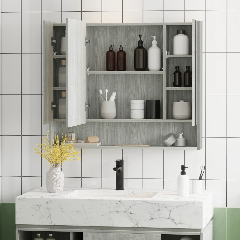 kleankin Armoire murale salle de bain avec miroir, armoire de toilette 3 portes miroir, étagères réglables, 90x15x75cm, gris