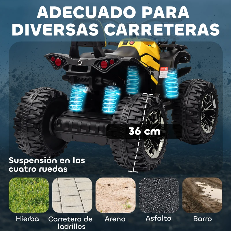 HOMCOM Quad Eléctrico para Niños 12V, Quad para Niños de 3–5 Años con 2 Motores, Velocidad 3–8 km/h, Música, Faros LED, MP3, USB, Tarjeta TF, Pedal, Avance y Retroceso, Amarillo