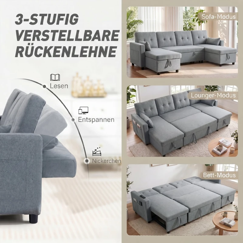 HOMCOM Ecksofa mit Schlaffunktion und Bettkasten U-Form 4-Sitzer Sofa mit Chaiselongue, verstellbarer Rückenlehne, Leinenoptik