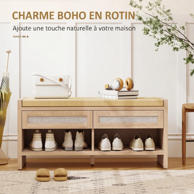 HOMCOM Banc chaussures entrée, banc de rangement, assise rembourrée en lin, 2 tiroirs en rotin et étagère ouverte, chêne