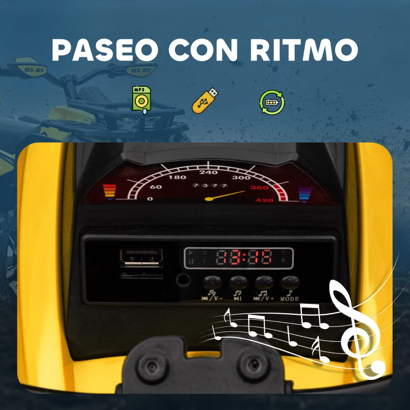 HOMCOM Quad Eléctrico para Niños 12V, Quad para Niños de 3–5 Años con 2 Motores, Velocidad 3–8 km/h, Música, Faros LED, MP3, USB, Tarjeta TF, Pedal, Avance y Retroceso, Amarillo