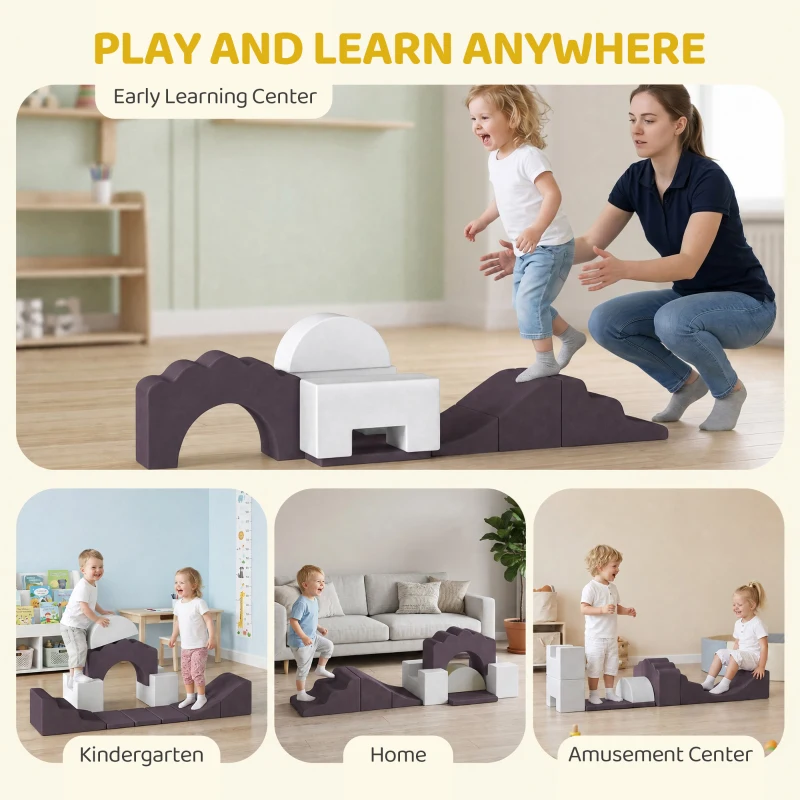 AIYAPLAY 7 Piece Kids Soft Play Set with Detachable Cover, Baby Indoor Climb and Crawl Foam Toys for Toddlers, Brown
