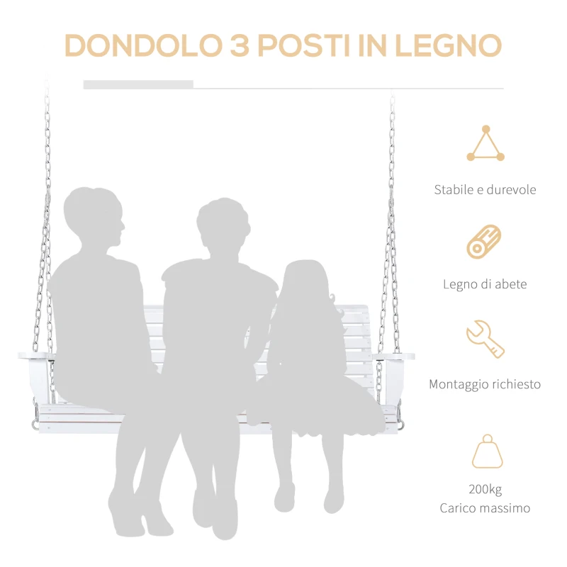 Outsunny Dondolo 3 Posti da Esterno con Tavolino Centrale e Portabicchieri, in Legno e Metallo, 150x75x53 cm, Bianco