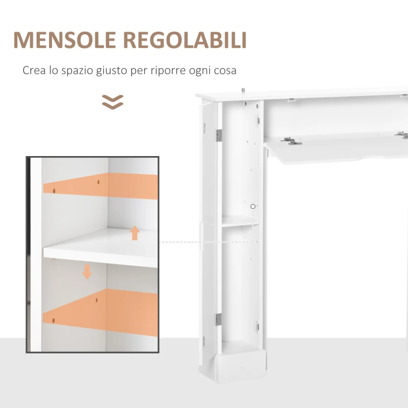 HOMCOM Cornice per Camino in Legno MDF con Armadietti Laterali, 107x18x100 cm, Bianco