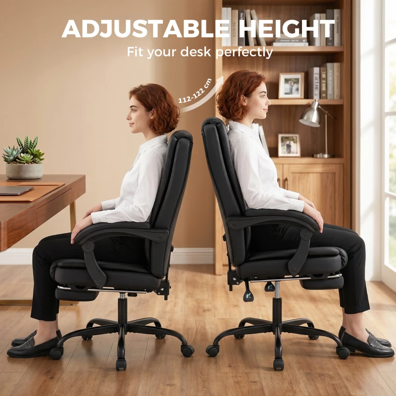 HOMCOM Chaise de bureau ergonomique, fauteuil de bureau inclinable en pu avec repose-pieds rétractable, hauteur réglable, noir