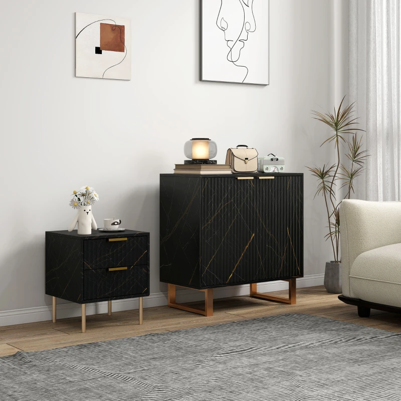 HOMCOM Sideboard, Accent Cabinet with Marble Effect, Adjustable Shelf, Fluted Doors and Drawers, Black