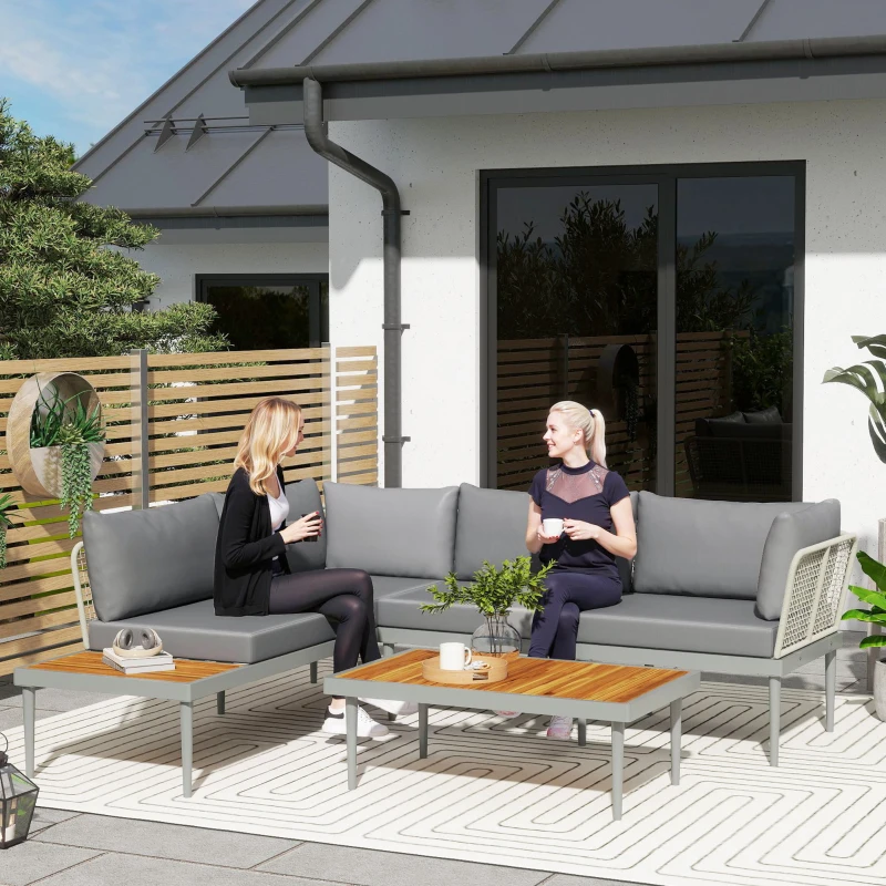 Outsunny Salon de jardin extérieur 4 places modulable en bois d'acacia, canapé d'angle extérieur avec table basse et coussins