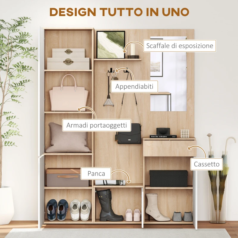 HOMCOM Mobile da Ingresso 4 in 1 in Truciolato con Specchio, Ganci e Ripiani Regolabili Interni, 145x29x184 cm