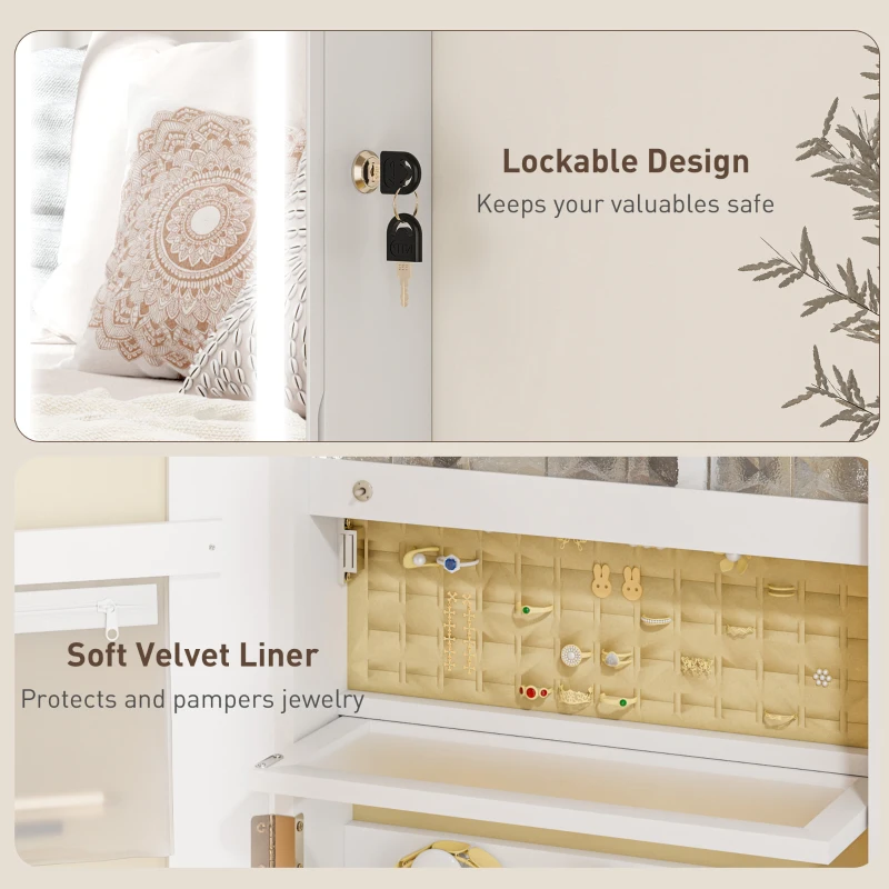 HOMCOM Armoire à bijoux avec LED, organisateur de bijoux mural/de porte verrouillable avec miroir, 37 x 10,5 x 108 cm, blanc