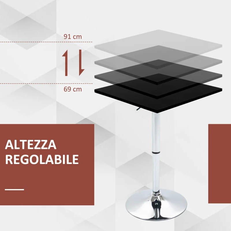 HOMCOM Tavolo Quadrato Regolabile in Altezza, Metallo e MDF, Tavolino da Bar, Cucina, Soggiorno, Nero, 60x60x69-91cm