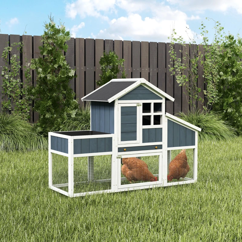 PawHut Pollaio Prefabbricato in Legno con Area Aperta, Casetta e Nido, 161.5x62.5x115cm, Grigio