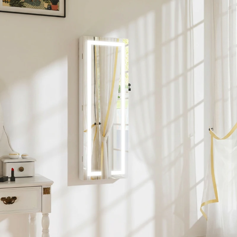 HOMCOM Armoire à bijoux avec LED, organisateur de bijoux mural/de porte verrouillable avec miroir, 37 x 10,5 x 108 cm, blanc