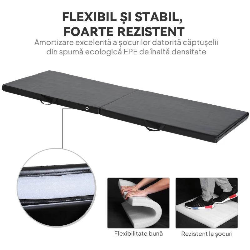 HOMCOM Tapet de Gimnastică Pliabil, Tapet Fitness Gros de 5 cm și Antialunecare, 180x60x5 cm, Negru