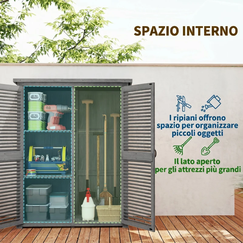Outsunny Armadio da Giardino con 2 Porte a Persiana, 2 Ripiani, 2 Maniglie e Tetto Impermeabile, 127x65x168 cm, Grigio