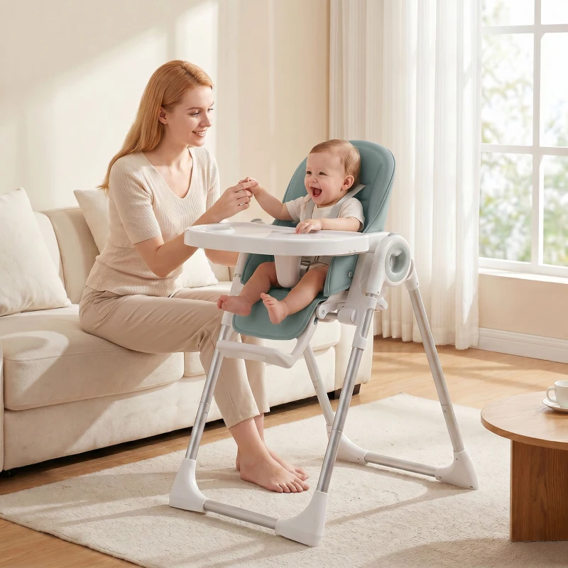AIYAPLAY Trona Plegable para Bebés 6-36 meses con Altura Regulable, Doble Bandeja Lavable, Ruedas, Verde