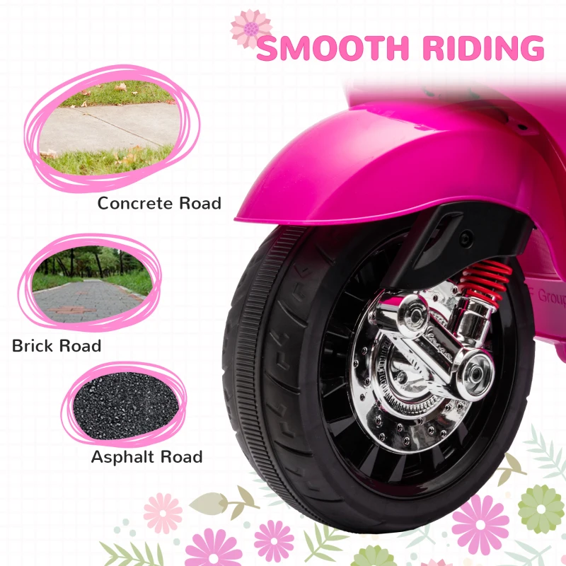 AIYAPLAY Moto Elettrica per Bambini a Licenza Vespa con Rotelle, Fanale e Musica, in PP e Metallo, 107x47x73 cm, Rosa