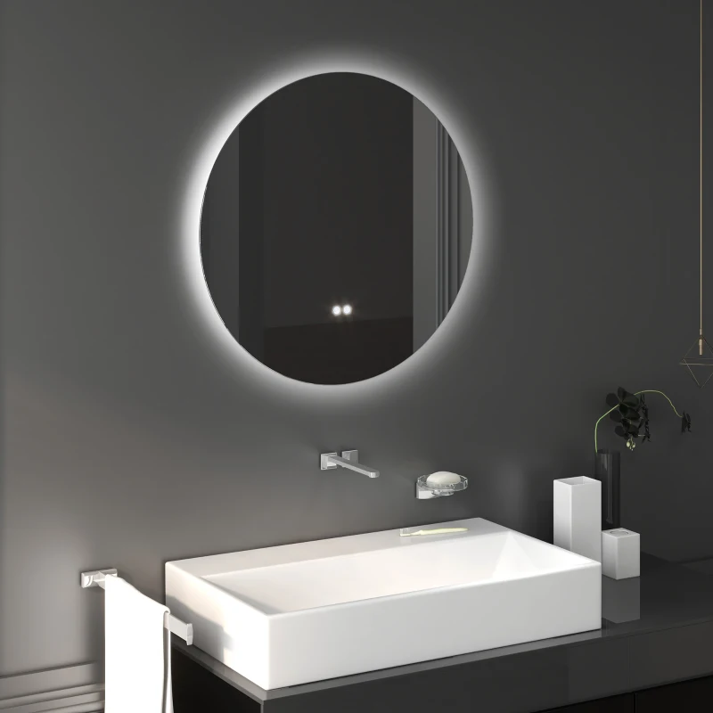 kleankin Runder LED-Wandspiegel, Touch-Schalter, Farbwechsel 3000K-6500K, Antibeschlag, Ø 70 cm, Weiß/Silber