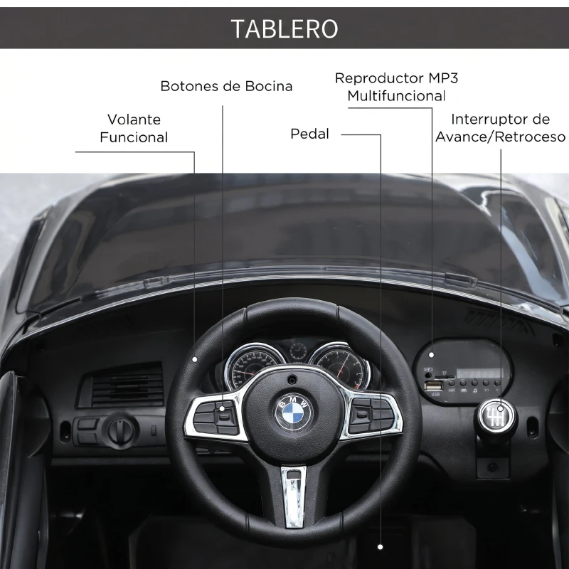 HOMCOM Coche Eléctrico BMW 6GT para Niños +3 Años Automóvil Infantil de Batería 6V con Control Remoto Luces y Sonidos MP3 USB Carga 30 kg 106x64x51 cm Negro