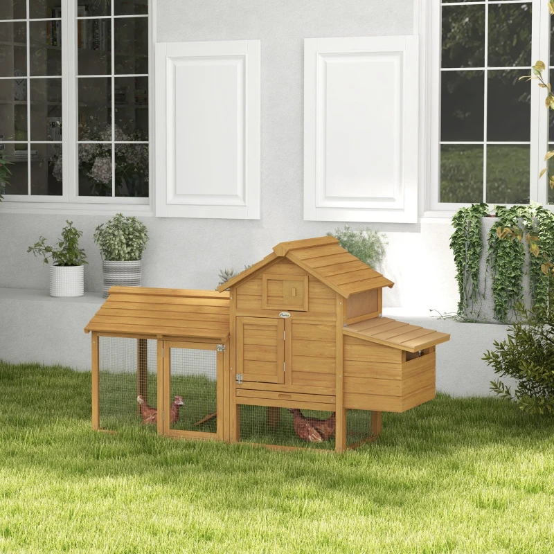 PawHut Gallinero de Madera para Exterior XXL Gallinero con 2 Corrales de Alambre Caja Nido con Techo Abrible Bandeja Extraíble de Metal Galvanizado y Rampa 151,5x54x87 cm Natural
