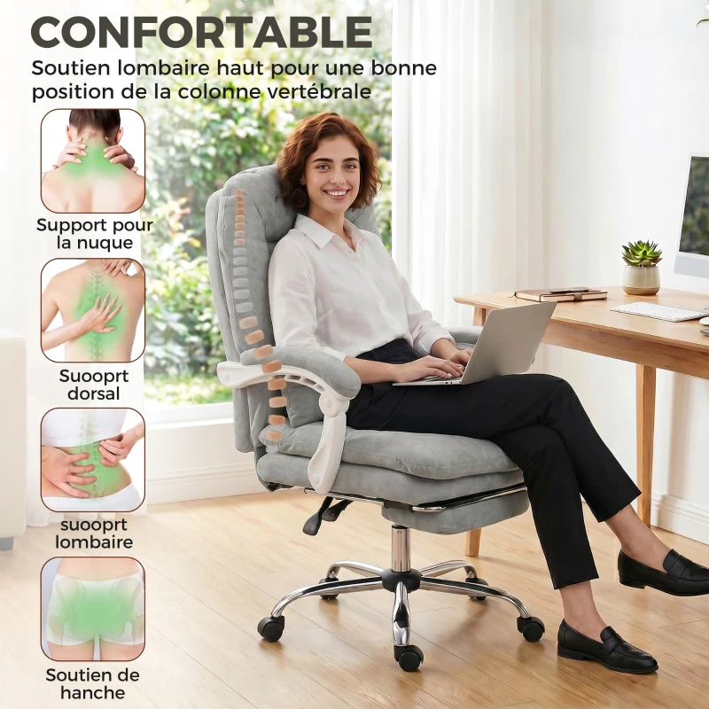 HOMCOM Chaise bureau ergonomique, fauteuil de bureau inclinable en velours avec support lombaire, hauteur réglable, gris clair