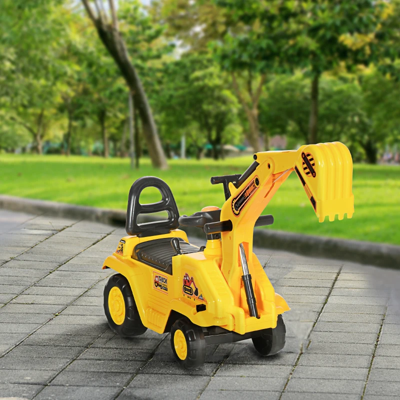 HOMCOM Sitz-Bagger für Kinder mit Schaufel und Stauraum, Hupe, Lenkrad, 18-48 Monate, Gelb