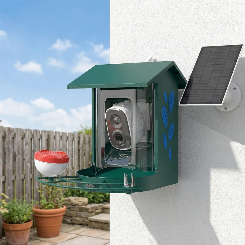 PawHut Mangeoire oiseaux avec caméra intelligente 2K coque acier anti-écureuil panneau solaire 30 x 34,5 x 26,3 cm vert