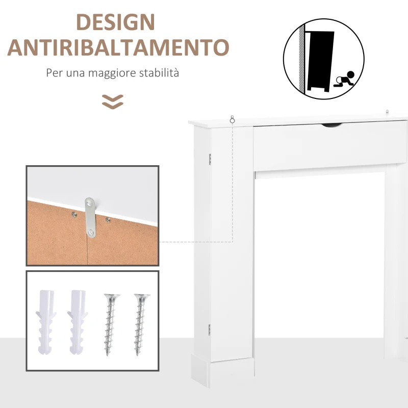 HOMCOM Cornice per Camino in Legno MDF con Armadietti Laterali, 107x18x100 cm, Bianco