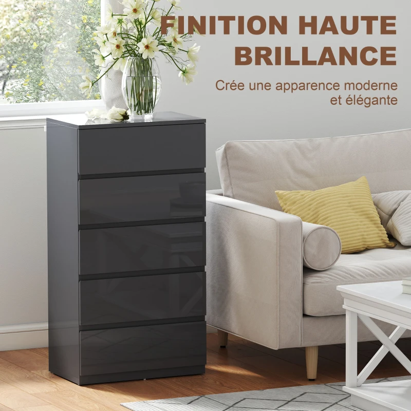 HOMCOM Commode 5 tiroirs, meuble de rangement à haute brillance, fermeture douce et silencieuse, 53 x 34 x 100 cm, gris