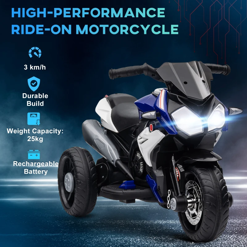 HOMCOM Kids Electric Motorcycle, 6V Ride on Motorcycle with 3 Wheels, LED Headlight, Music, Horn for Boys Girls 3-5 Years, Blue