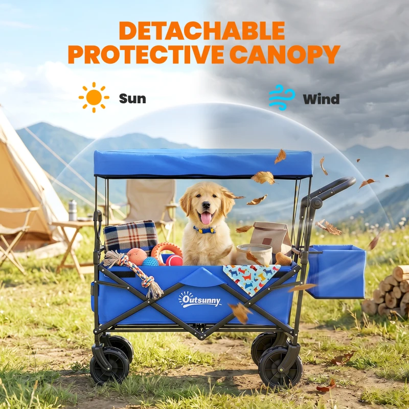 Outsunny Chariot pliant avec toit, poignée, panier chariot de transport pliable tout-terrain acier noir Oxford bleu