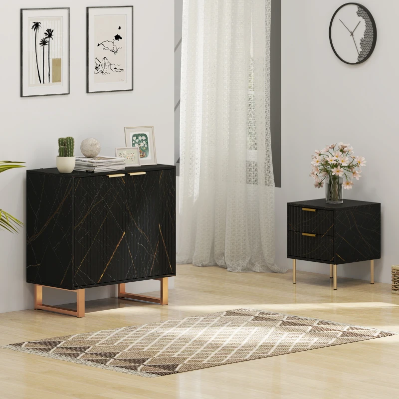 HOMCOM Sideboard, Accent Cabinet with Marble Effect, Adjustable Shelf, Fluted Doors and Drawers, Black