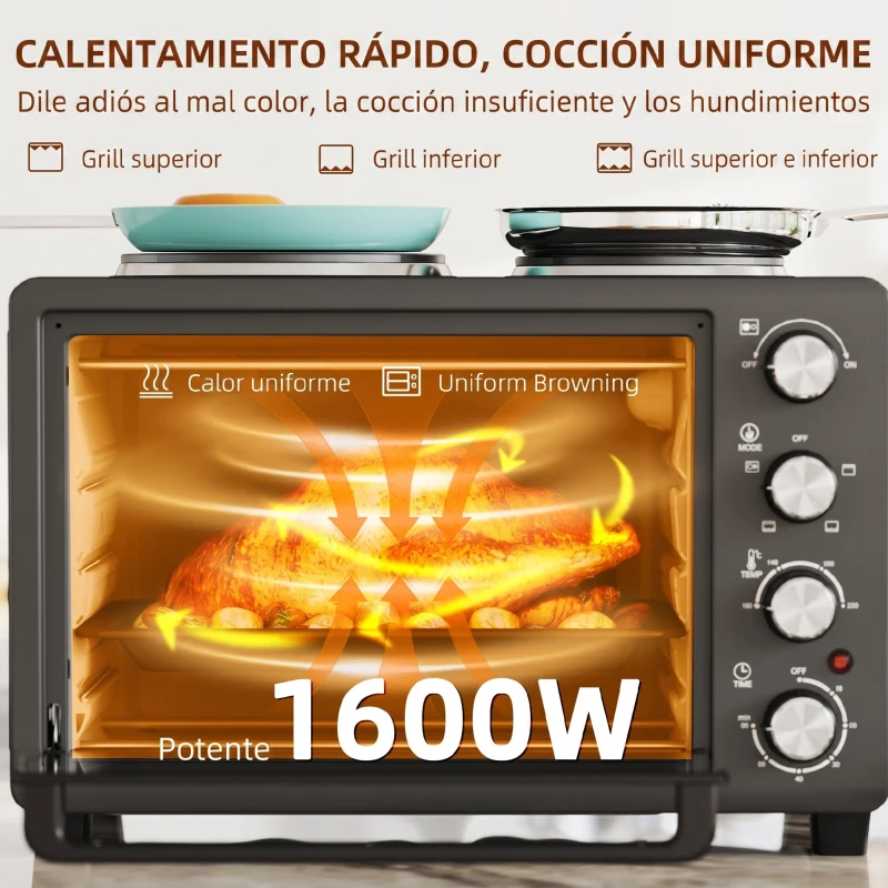 HOMCOM Horno Eléctrico de Sobremesa 28L 2600W con Placas Calentadoras Temperatura Ajustable Temporizador Bandeja Negro