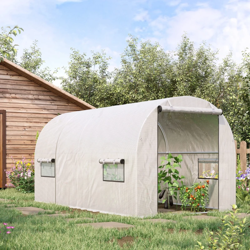 Outsunny Serra a Tunnel per Orto 3x2x2m con Copertura in PE, 2 Porte e Struttura in Acciaio, Bianco