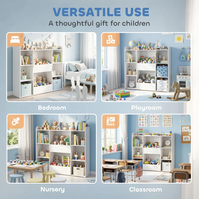 AIYAPLAY Meuble rangement enfant, bibliothèque enfants avec 8 compartiments et étagère supérieure, 104 x 29 x 101,5 cm, blanc