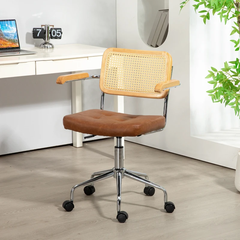 HOMCOM Silla de Escritorio Altura Ajustable con Función de Basculante y Respaldo de Ratán Sintético 60x55,5x82-90 cm Marrón