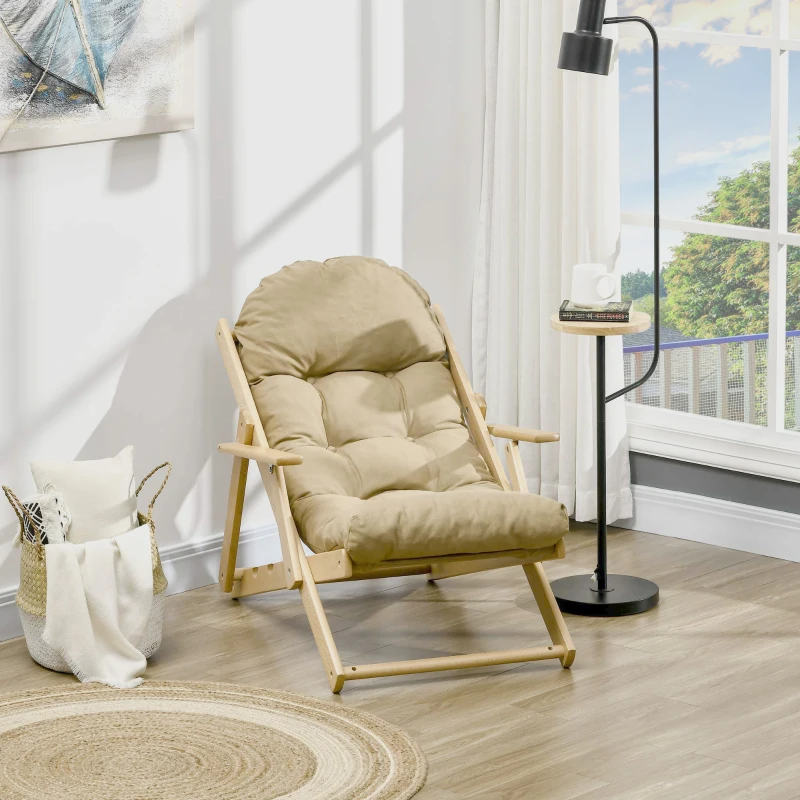 HOMCOM Fauteuil Chaise de Salon Pliable et inclinable en Bois Fauteuil Relax Confortable avec Coussin capitonné épais - 71 x 89 x 96 cm marron clair