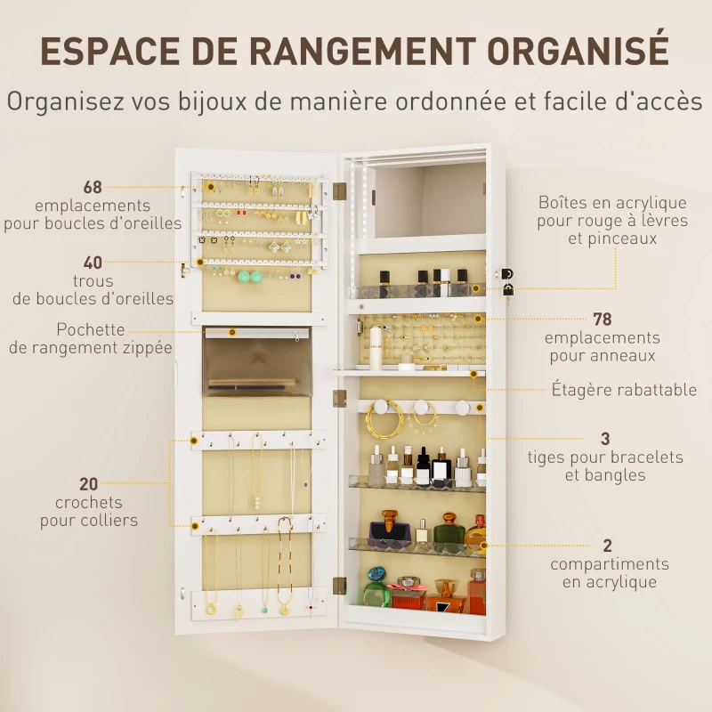 HOMCOM Armoire à bijoux avec LED, organisateur de bijoux mural/de porte verrouillable avec miroir, 37 x 10,5 x 108 cm, blanc