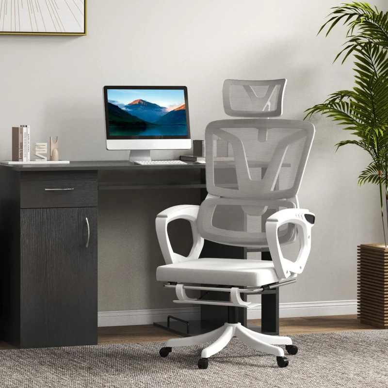 Vinsetto Fauteuil de bureau dossier réglable repose-pied appui-tête réglable soutien lombaire tissu en maille blanc et gris