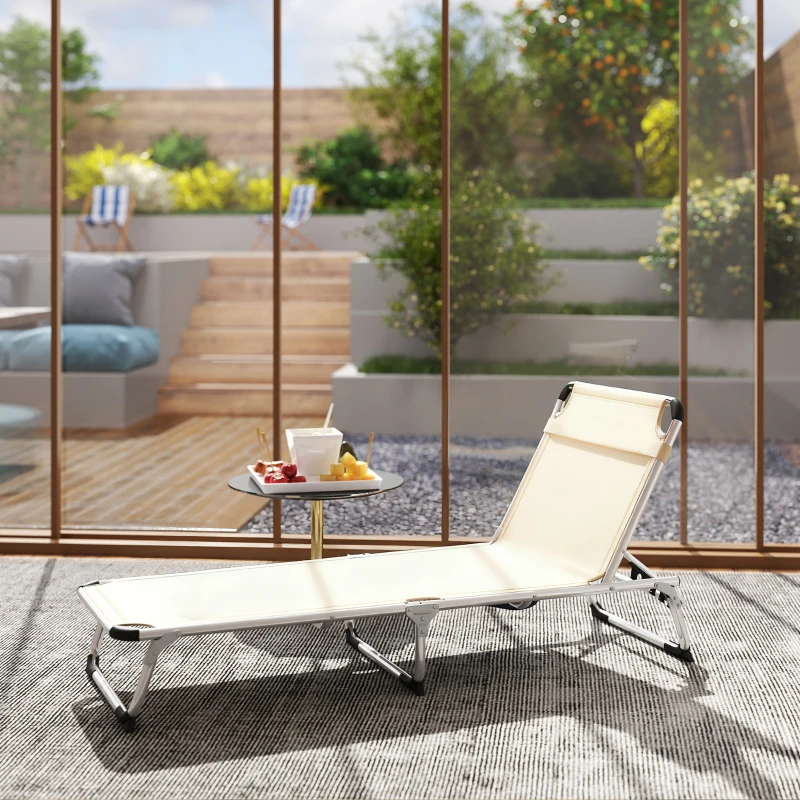Outsunny Bain de soleil, chaise longue pliante avec appuie-tête, dossier inclinable, aluminium et textilène, beige