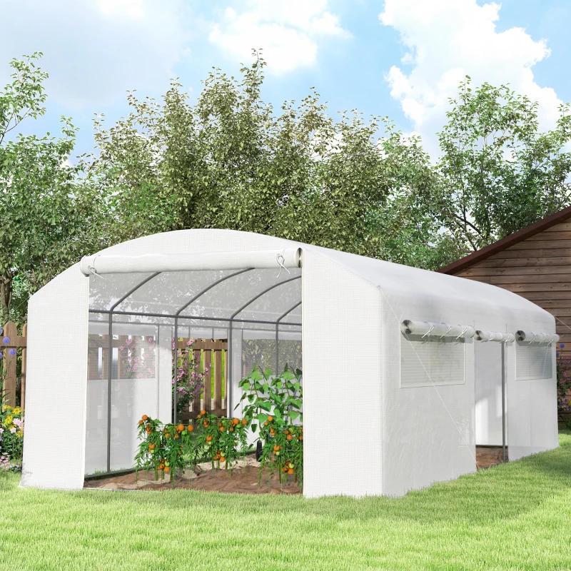 Outsunny Invernadero de Túnel 6x3x2 m con 6 Ventanas de Malla Cubierta de PE Anti-UV y 3 Puertas Enrollables Blanco