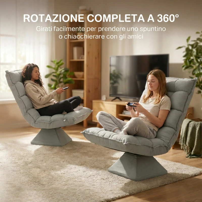 HOMCOM Poltrona Relax Girevole 360° con Schienale Regolabile in 5 Posizioni in Tessuto Effetto Velluto, Grigio Chiaro